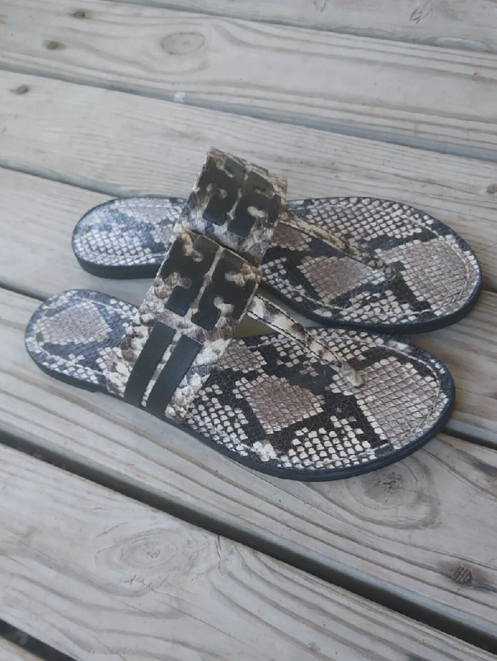 Tory Burch Snake-Print Logo Slide Sandals in Black and Cream